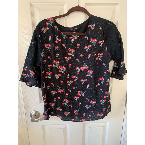 Van Heusen Womens Black Floral Bell Sleeve Top Size Large - Picture 1 of 11